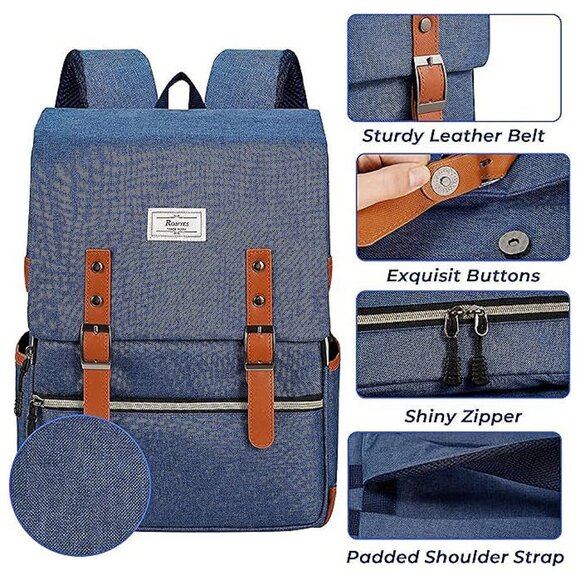 Vintage Laptop Backpack for Women Men,15.6 inch Bookbag Blue - Picture 4 of 6